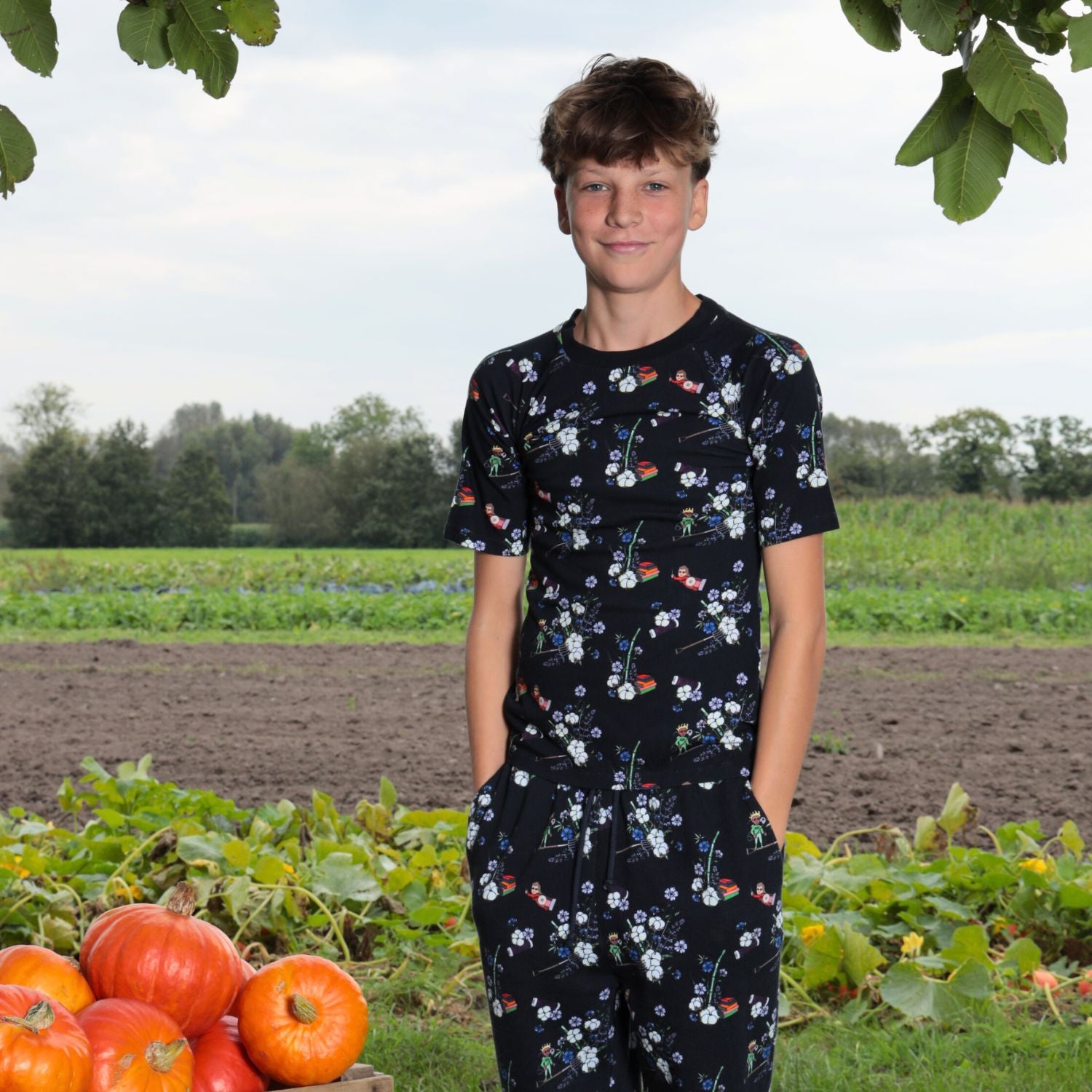 Black Floral T Shirt for Boys and Girls – view 2 – Infantium Victoria