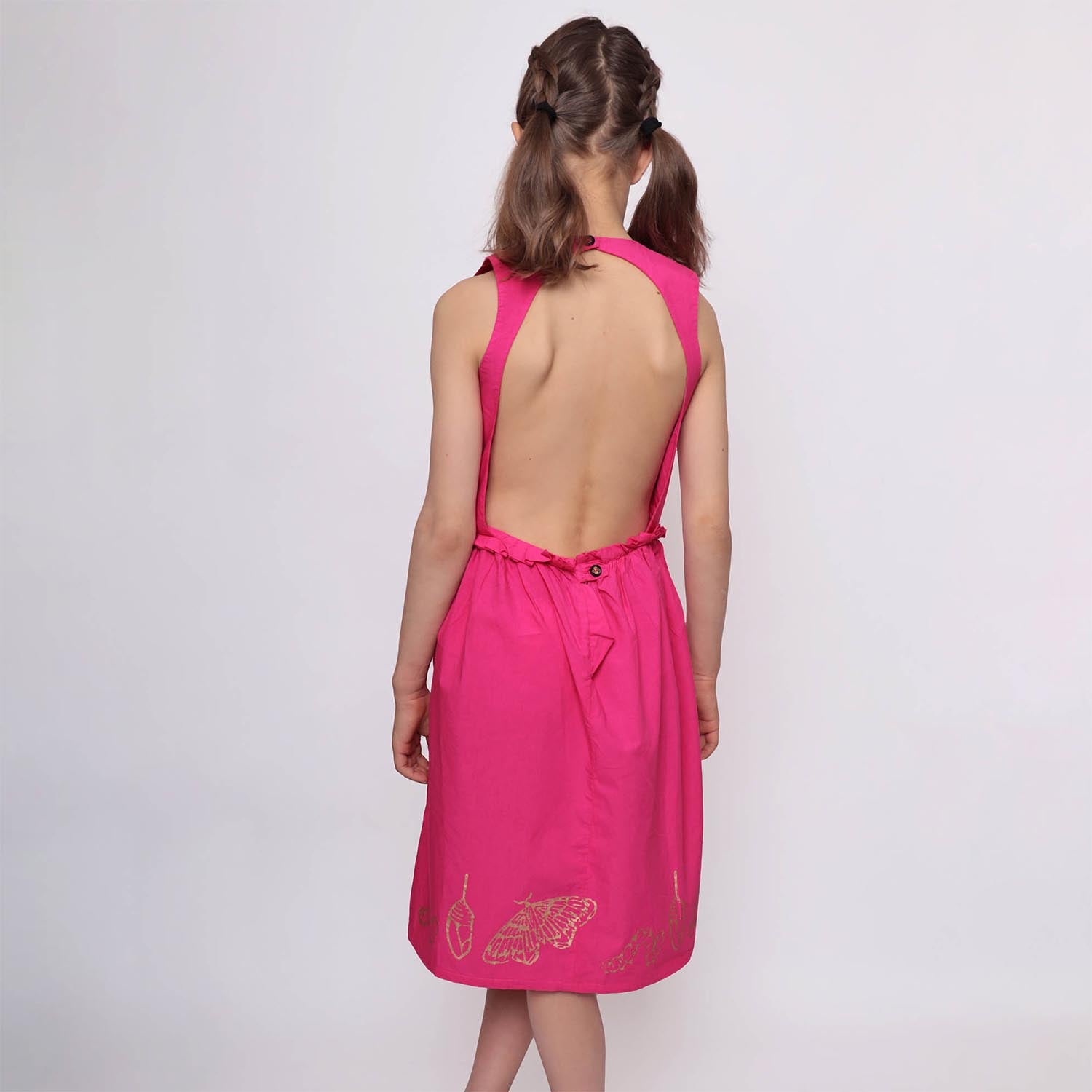 Pink Flower Girl Dress with Golden Hand Block Print – view 4 – Infantium Victoria