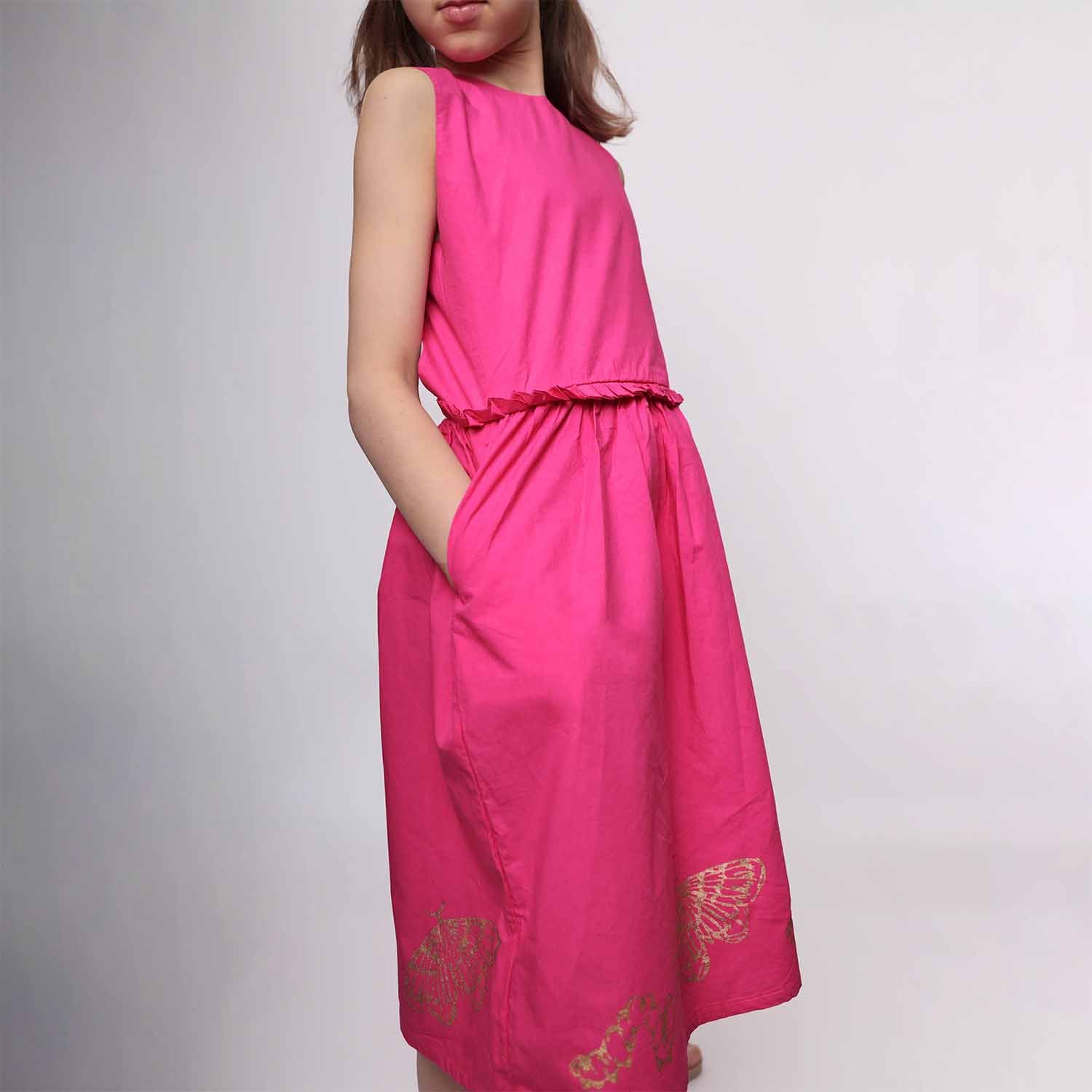 Pink Flower Girl Dress with Golden Hand Block Print – view 5 – Infantium Victoria