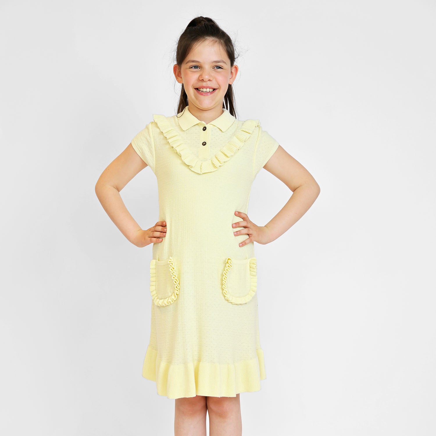 Yellow Knit Midi Dress with Yoke – view 2 – Infantium Victoria