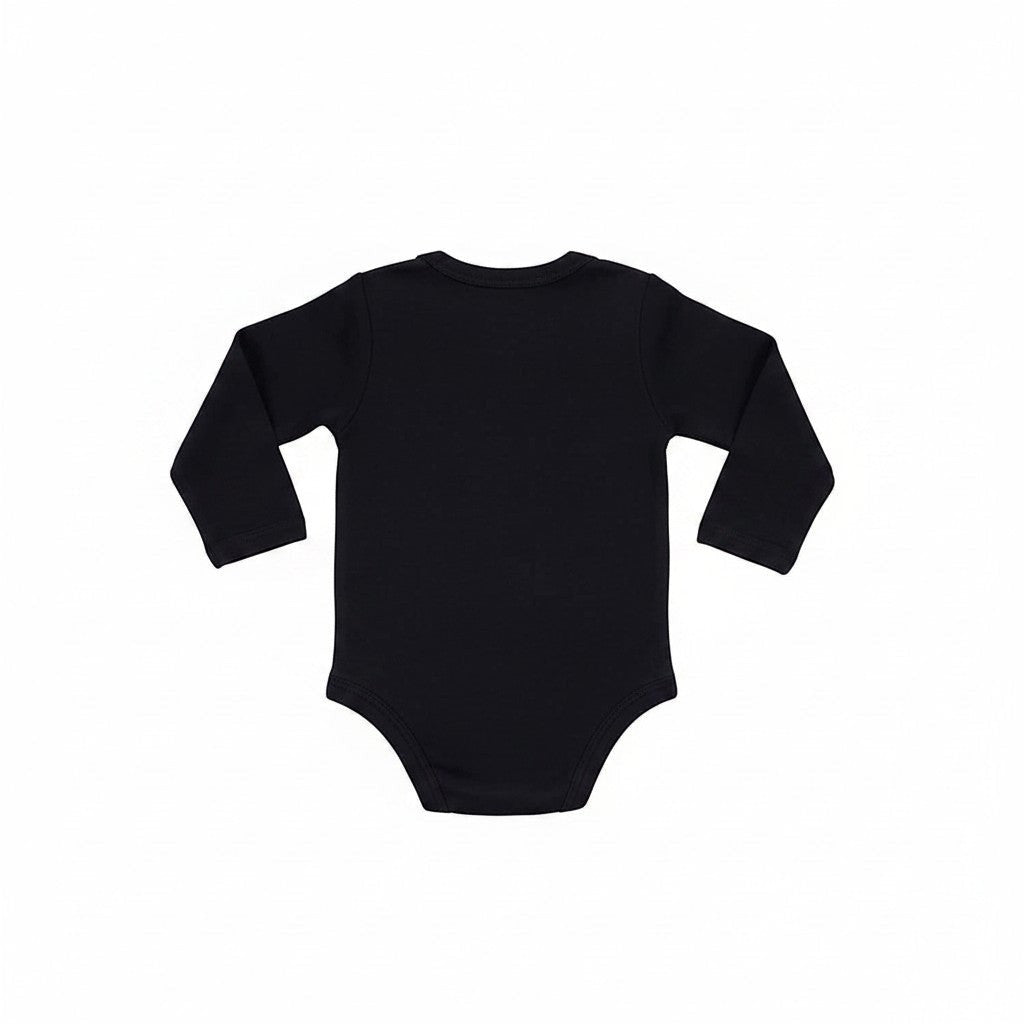 Infantium Victoria black organic cotton baby onesie with velvet detail, long sleeves, perfect for winter.