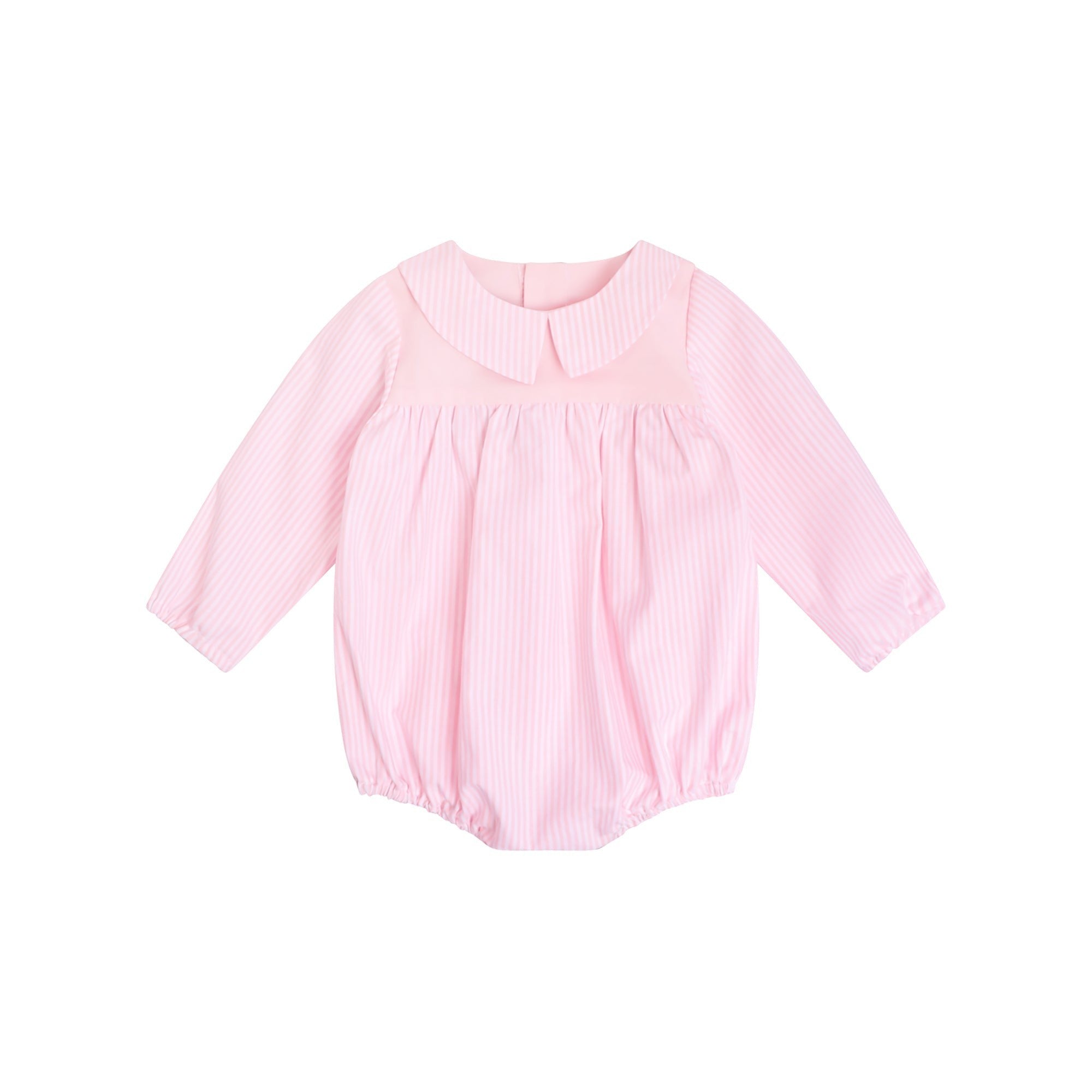 Infantium Victoria pink and white striped baby girl romper with Peter Pan collar and gathered waist. Made from organic cotton.