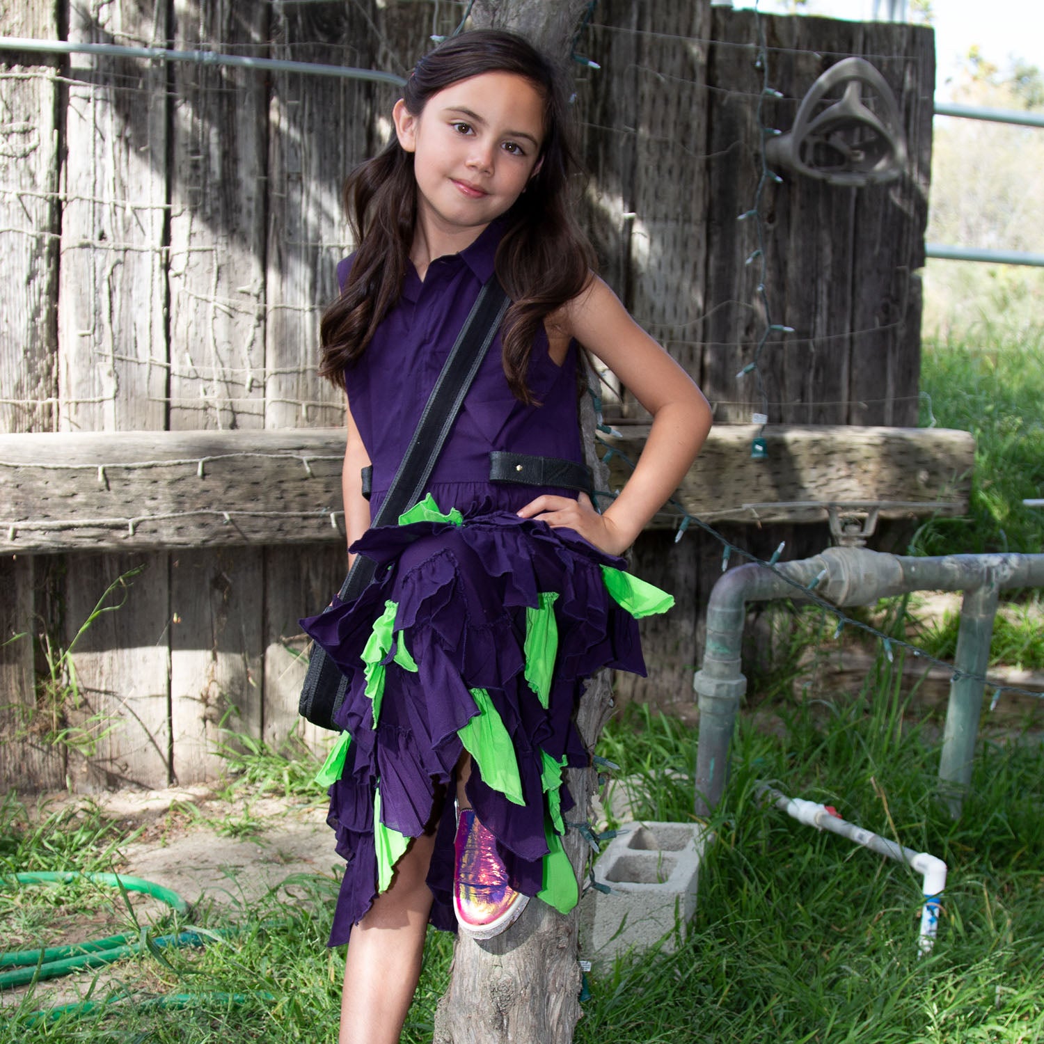 Girls Purple Shirt Dress with Green Ruffles – view 2 – Infantium Victoria