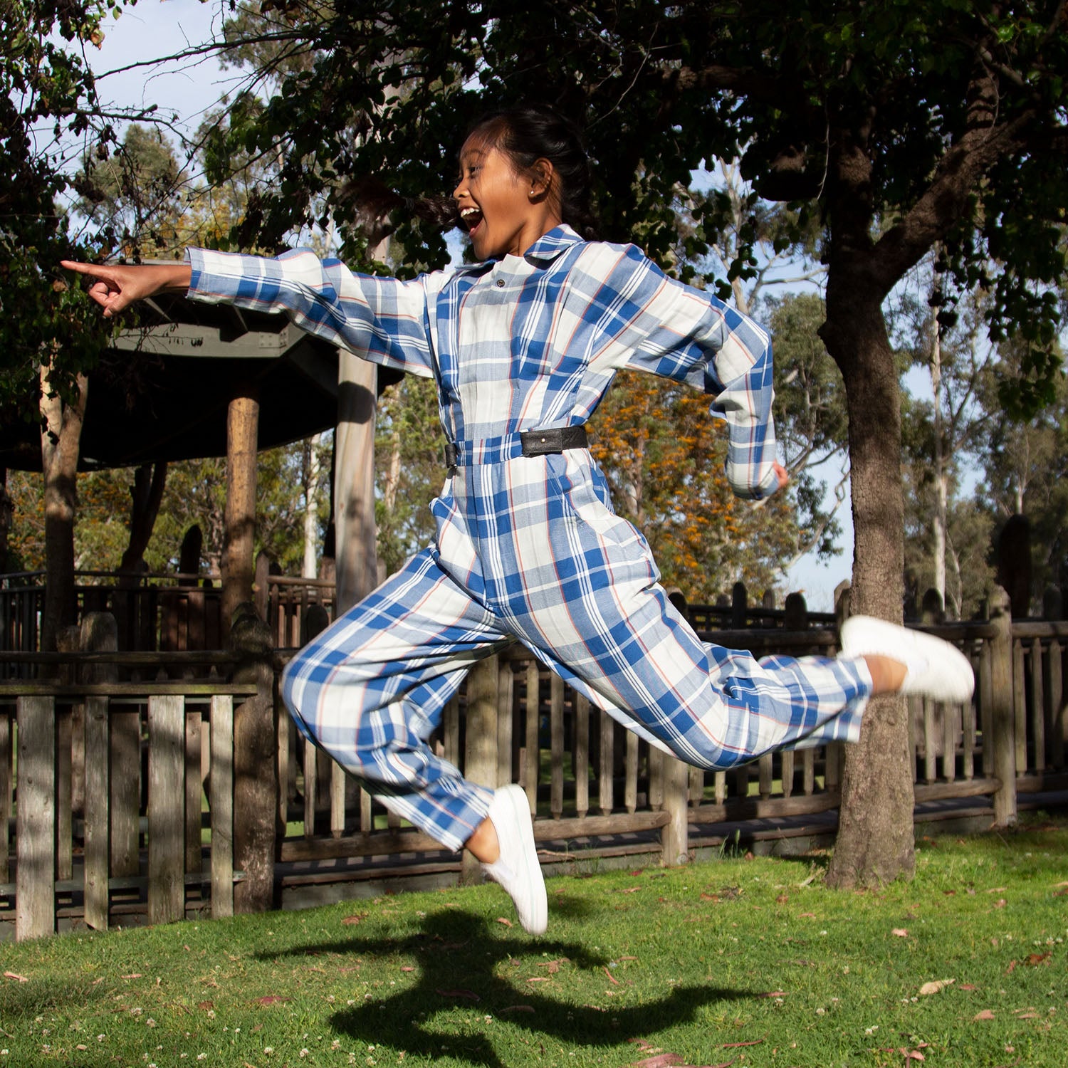 Blue and White Tartan Boiler Suit – view 3 – Infantium Victoria