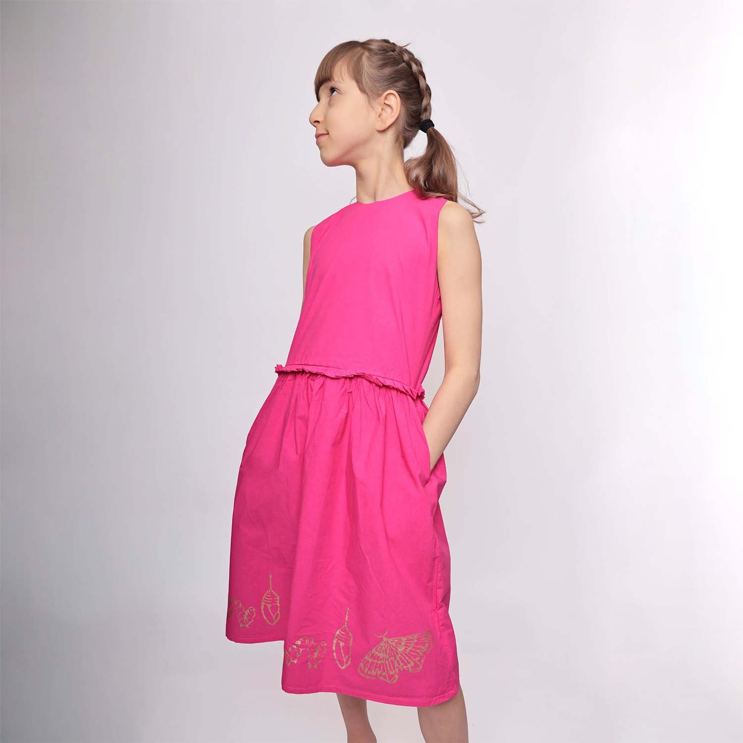 Pink Flower Girl Dress with Golden Hand Block Print – view 3 – Infantium Victoria