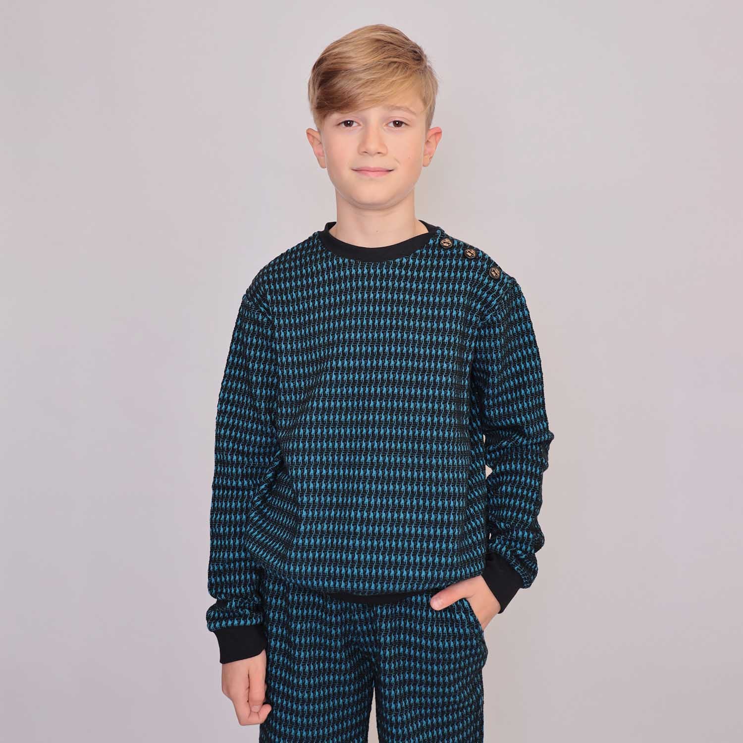 Pied-de-poule Black and Blue Cotton Sweatshirt – view 2 – Infantium Victoria