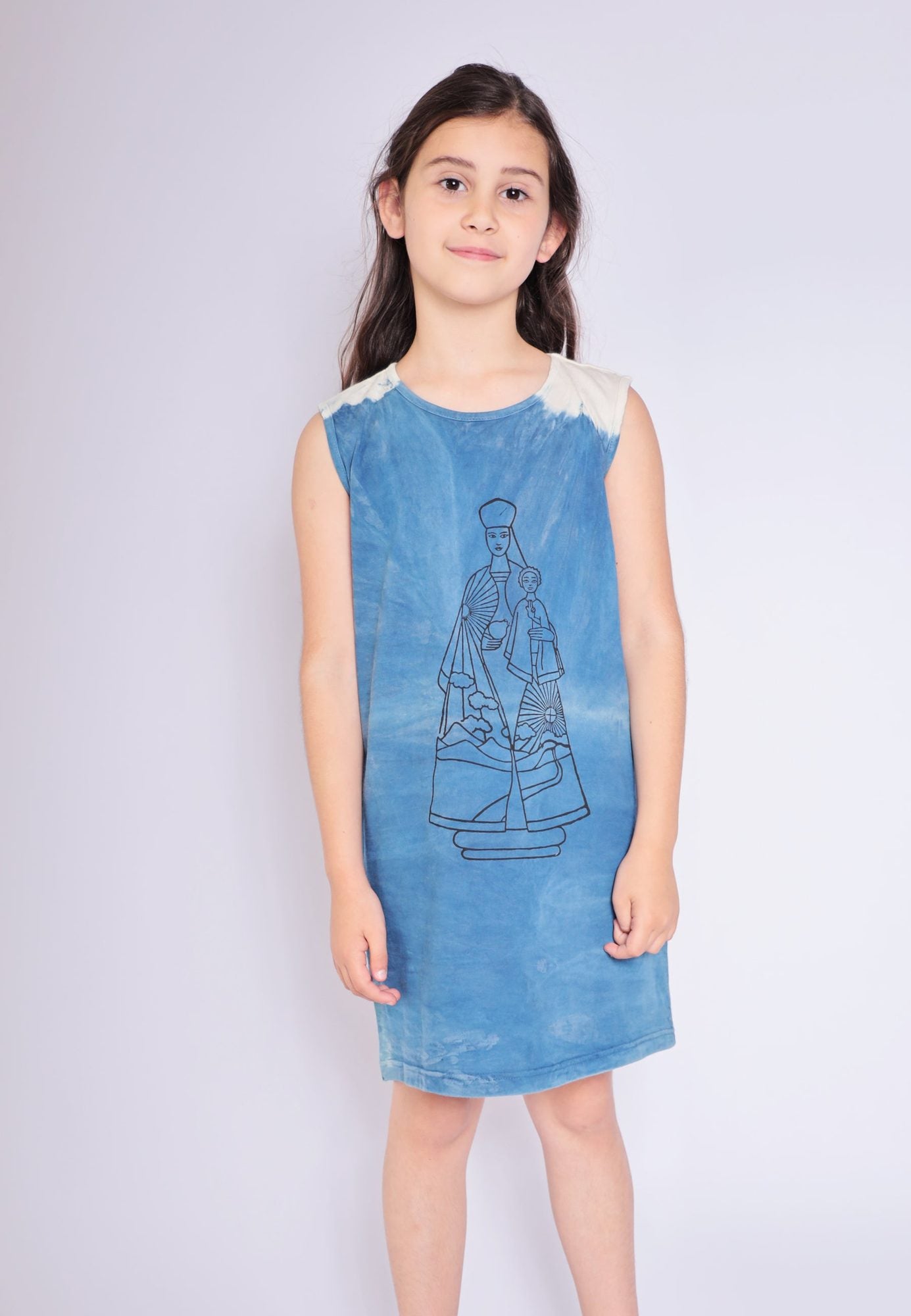 Artisanal T-Shirt Dress Naturally Dyed Indigo with Hand Block Print – view 2 – Infantium Victoria