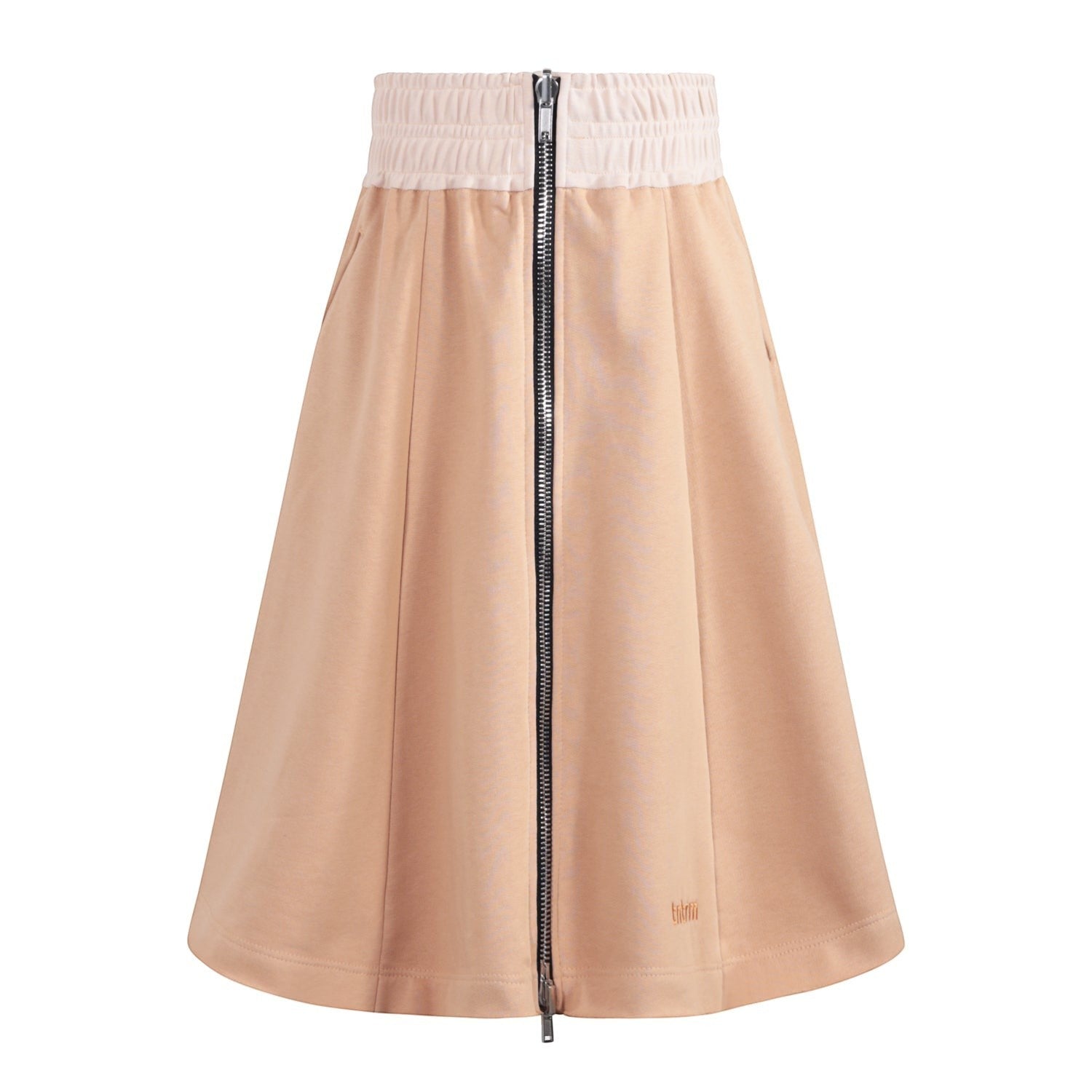 Infantium Victoria tan brown organic cotton A-line midi skirt with a contrast elastic waistband and a full-length front zipper.