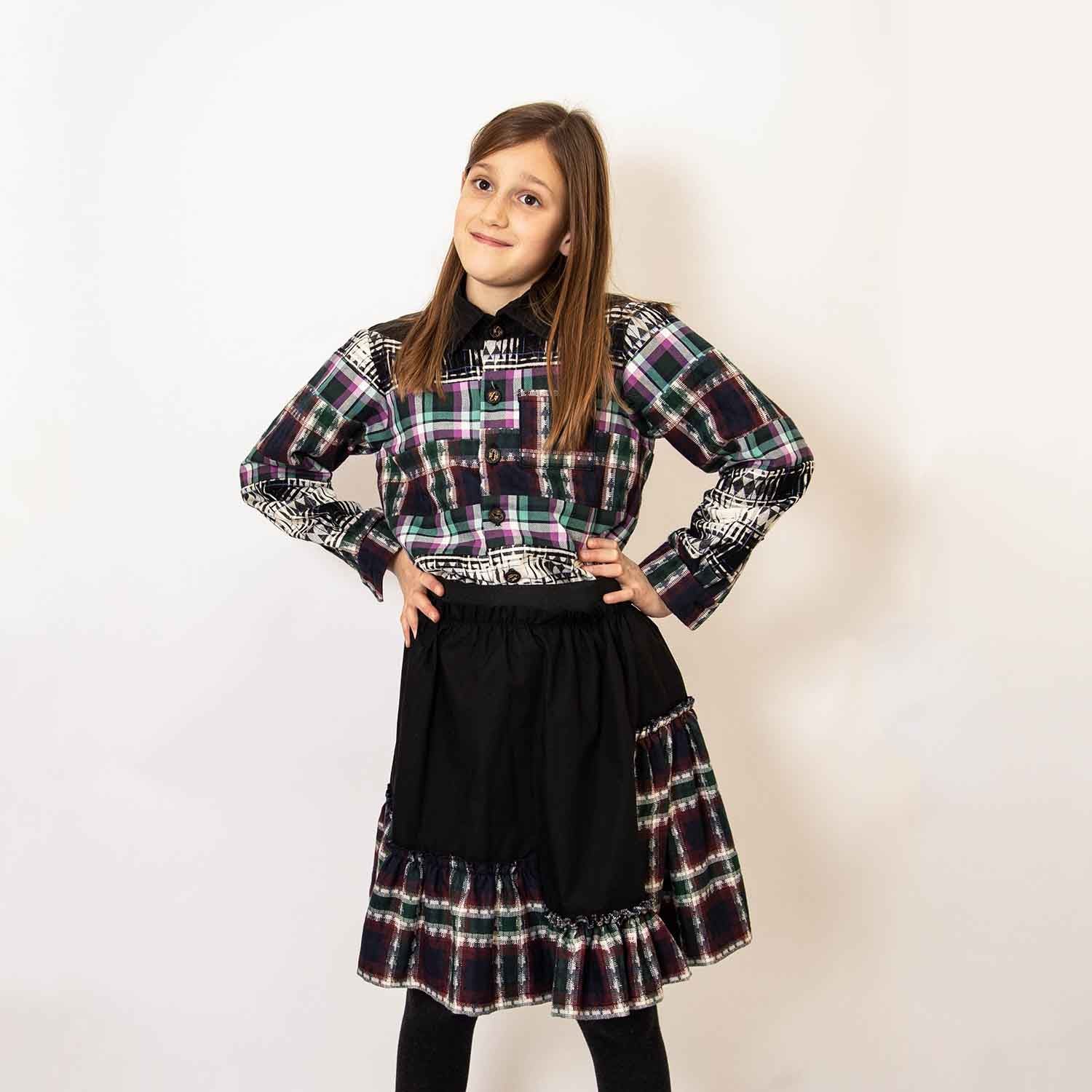 Girls Black Skirt with Tartan Detail in Red & Green – view 2 – Infantium Victoria