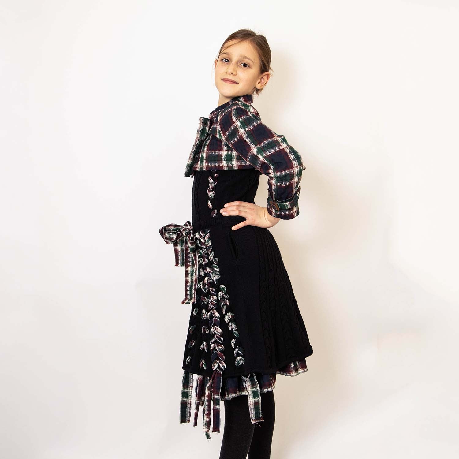 Girls Black Cable Knit Dress with Red Tartan Details – view 2 – Infantium Victoria