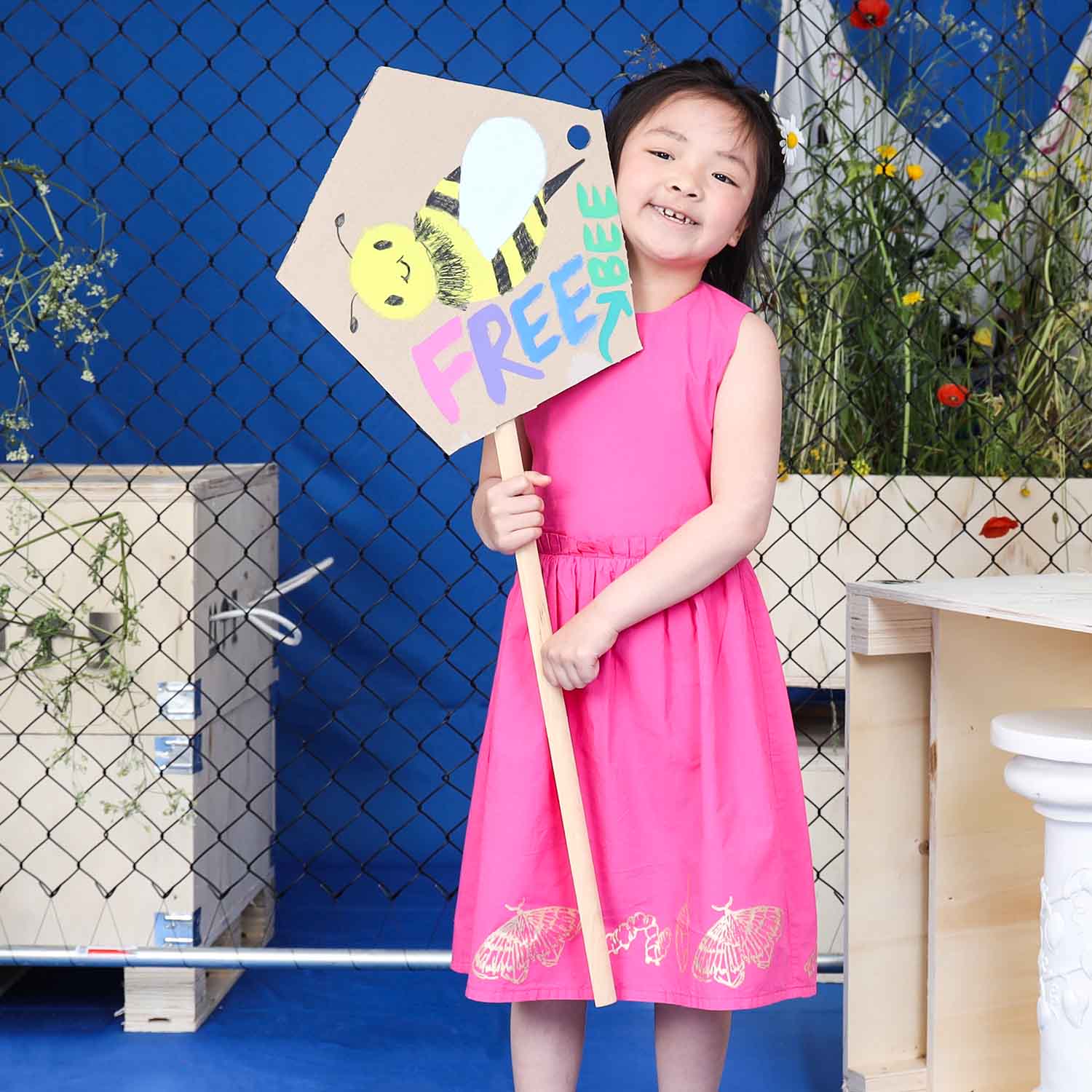 Pink Flower Girl Dress with Golden Hand Block Print – view 7 – Infantium Victoria