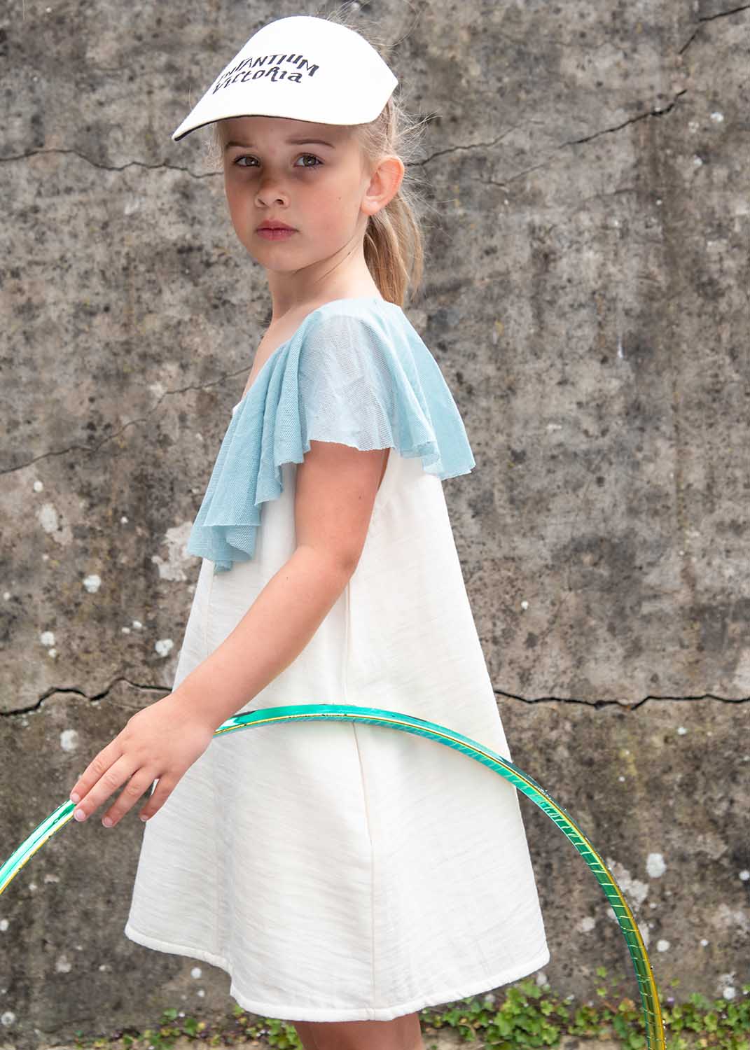White Dress with Asymetric Shoulder for Girls – view 2 – Infantium Victoria